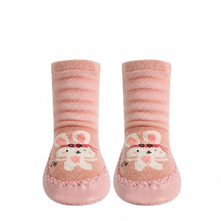 Pink striped sock shoes with rabbit faces, shown as a pair