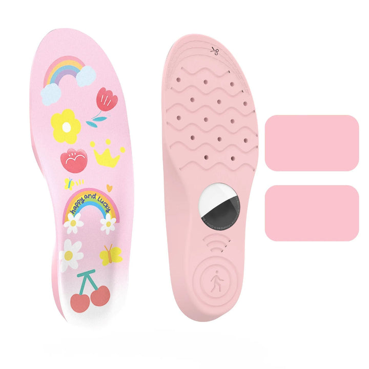 Pink AirTag insole with rainbow and flower graphics, an arch holder and two pink gel tapes