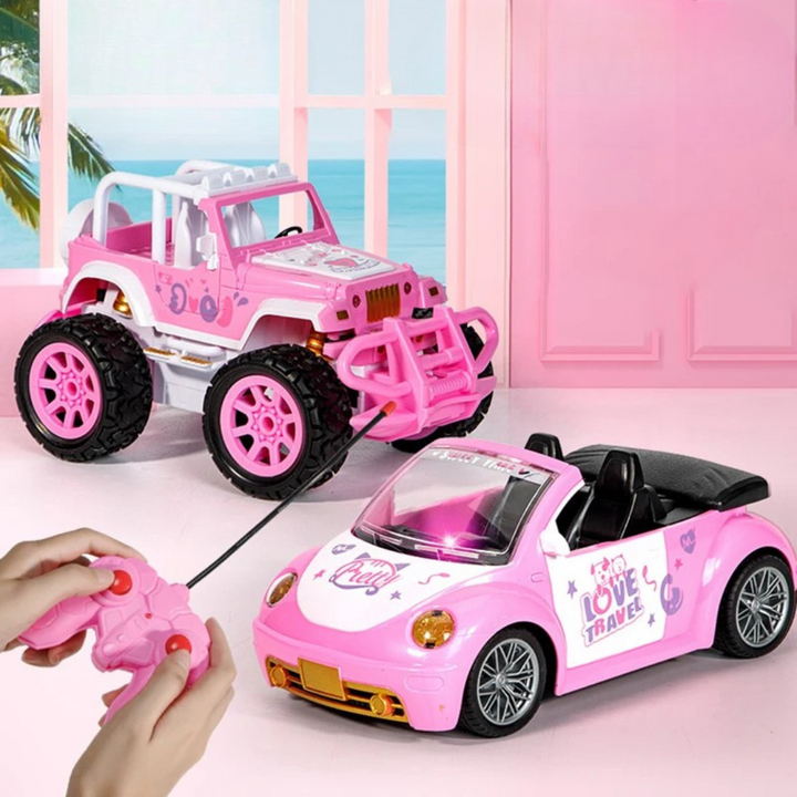 Two pink RC vehicle styles shown with hands holding the pink controller.