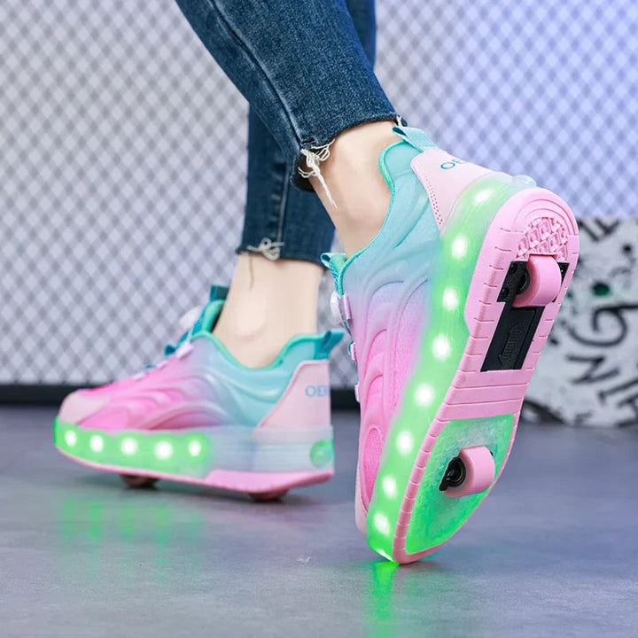 Pink roller sneaker tilted to show its underside wheels and green LED lights
