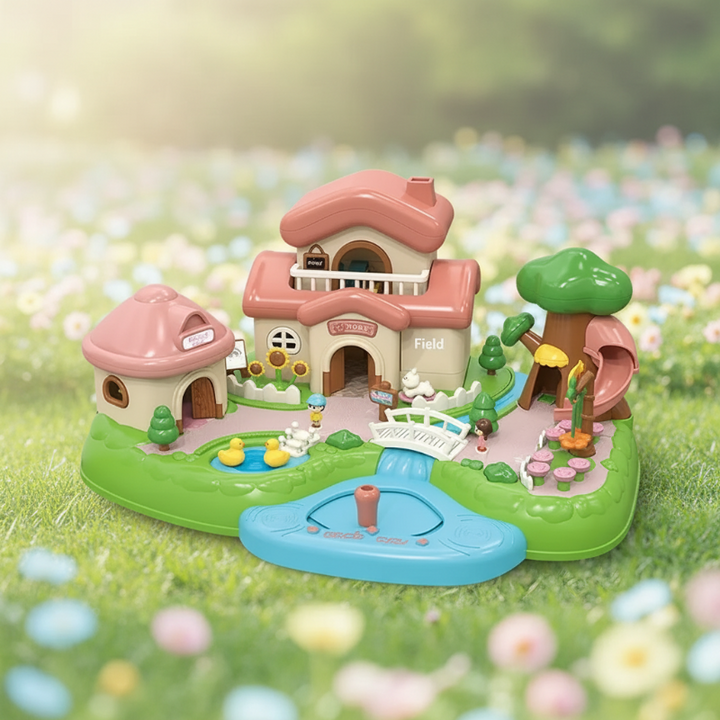 Village playset with a pink-roofed house, green base, bridge and tree slide
