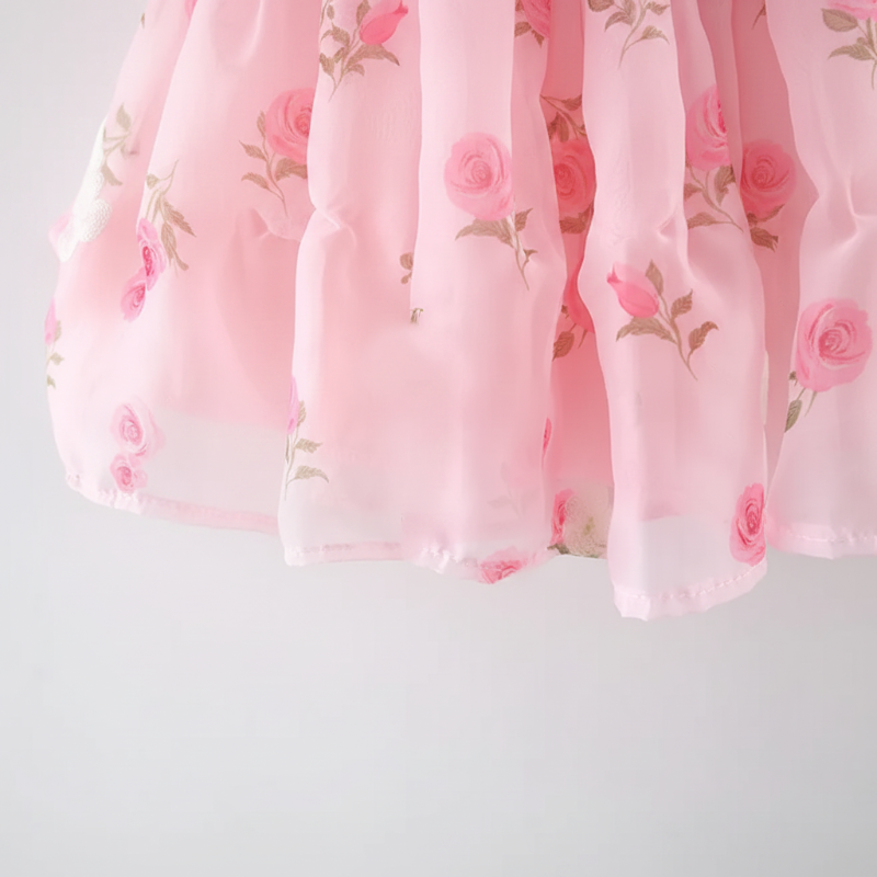 Close-up of the pink rose-print dress skirt and hem
