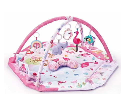 Pink animal-print baby play gym with crossed arches, hanging toys, and a curved cushion