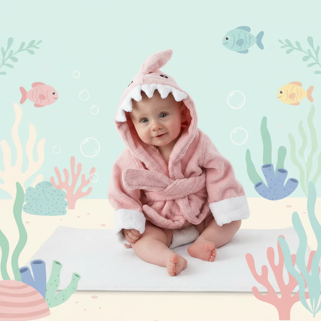 Baby wearing a pink shark bathrobe with a hood fin, white tooth trim, and a tie waist