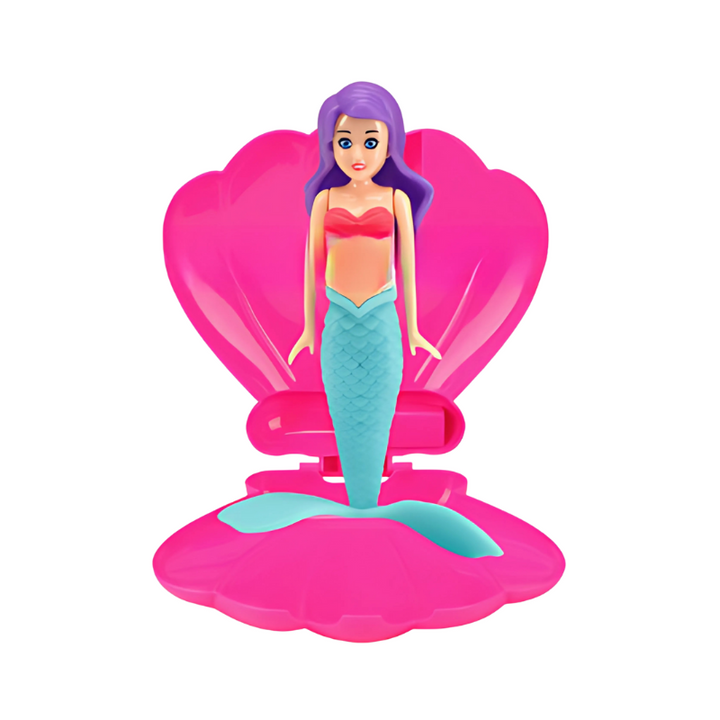 Turquoise-tailed mermaid standing inside an open pink shell