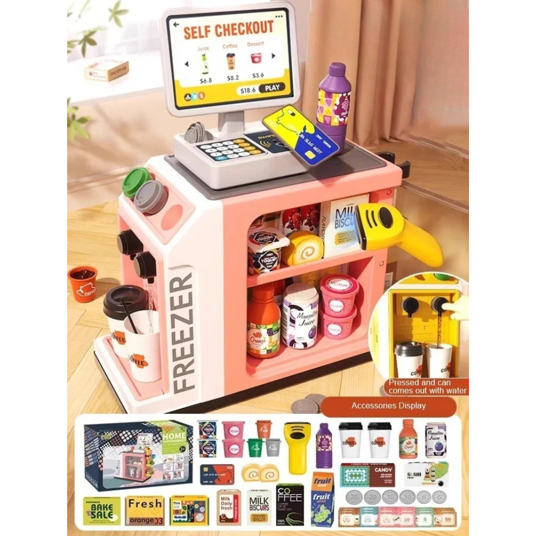 Pink toy cash register with a handheld scanner, pretend groceries, play money, and cups