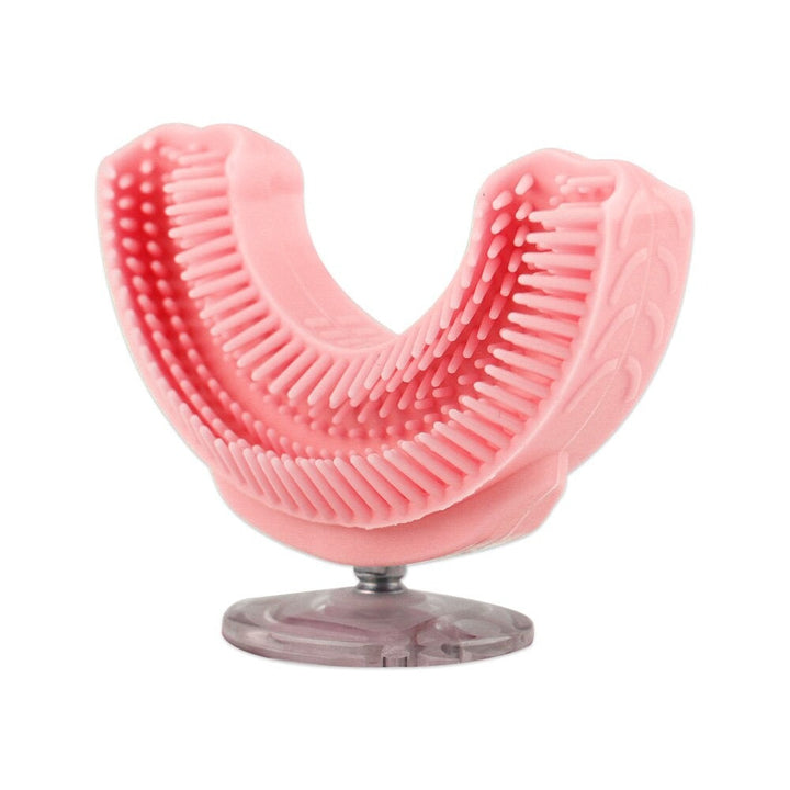 Pink U-shaped silicone toothbrush head shown at an angle