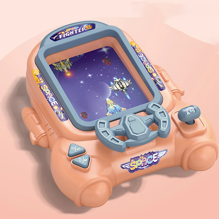 Pink tabletop space arcade game with a gray steering wheel and controls