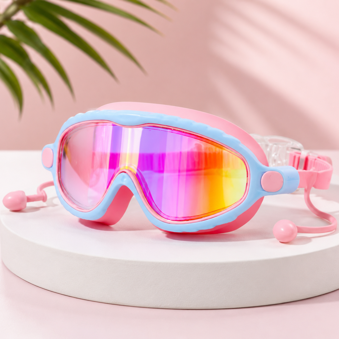 Pink-and-blue swimming goggles with mirrored lenses, a pink strap and attached earplugs