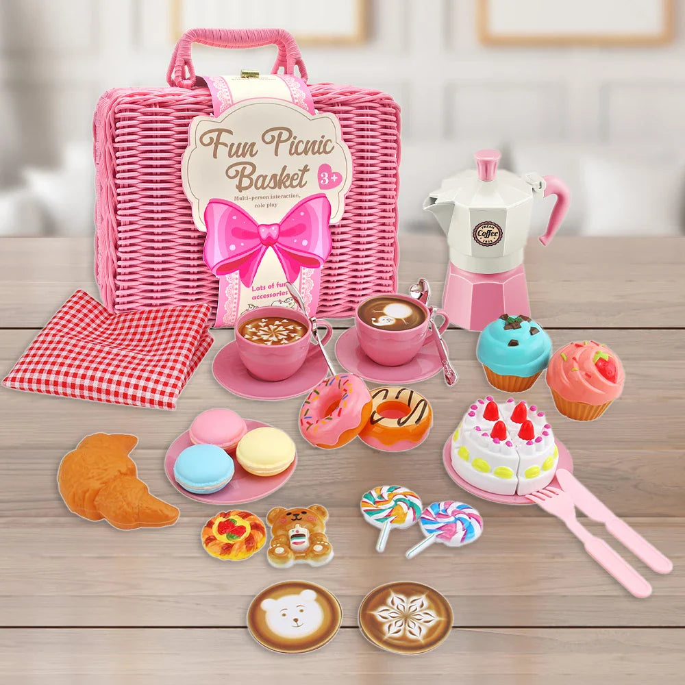 Pink tea party set with picnic basket, checkered cloth, toy moka pot, cups, and pretend treats