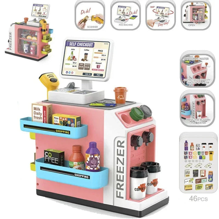 Pink toy checkout with a handheld scanner, coffee station, shelves, and a 46-piece accessory layout