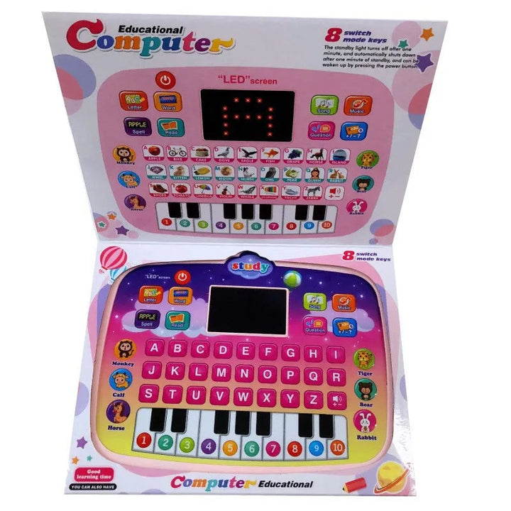 Pink learning toy tablet displayed in open packaging with alphabet buttons and piano-style number keys