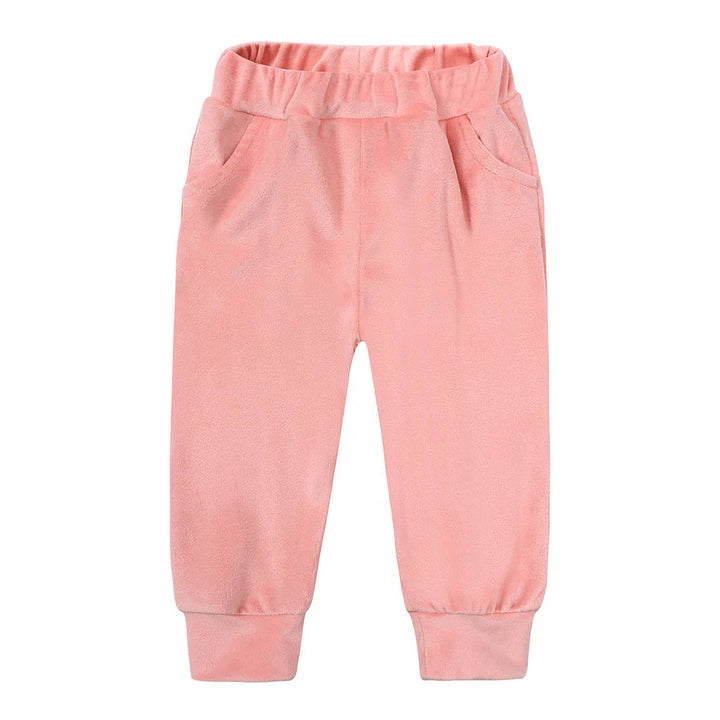 Pink pants with an elastic waistband, side pockets, and cuffed ankles
