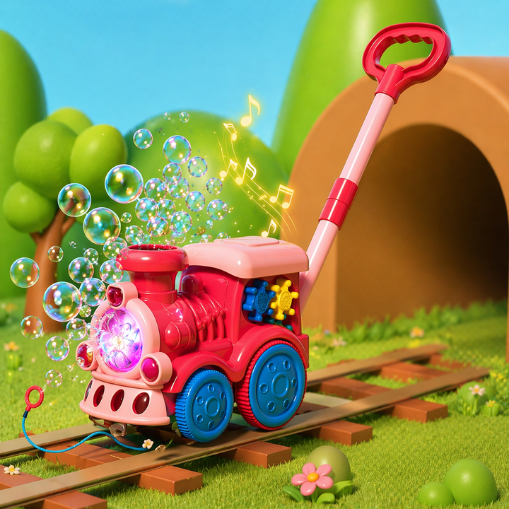 Pink train bubble push cart with blue wheels, pink handle and illuminated front bubble outlet.