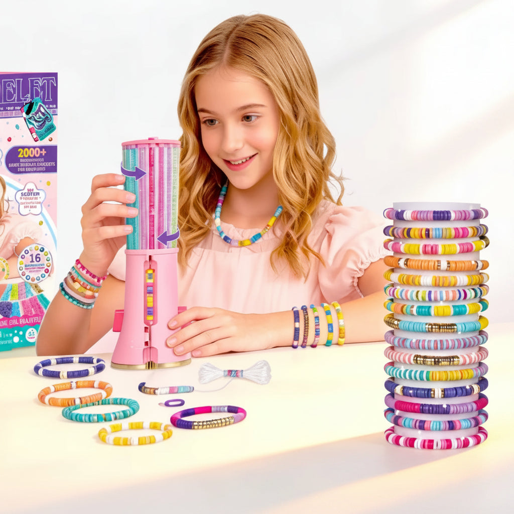 Child using a pink bead turntable beside finished bracelets, bead packets, and cord