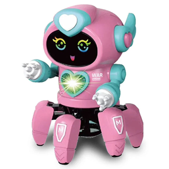 Pink toy robot with a heart-shaped forehead detail, turquoise accents, and claw-style feet