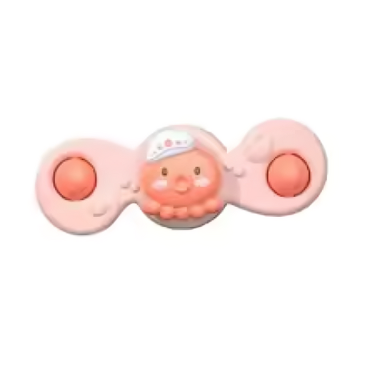 Pink two-arm spinner with an orange character in the center and rounded end details