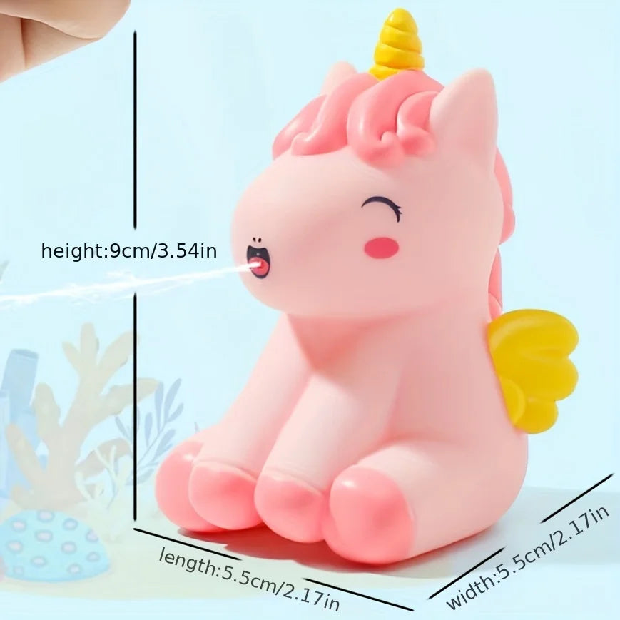 Pink unicorn bath toy with measurements of 9 x 5.5 x 5.5 cm
