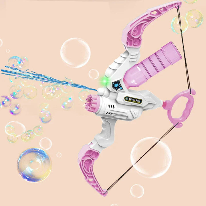 Pink-and-white bow toy shown spraying water with bubbles around it