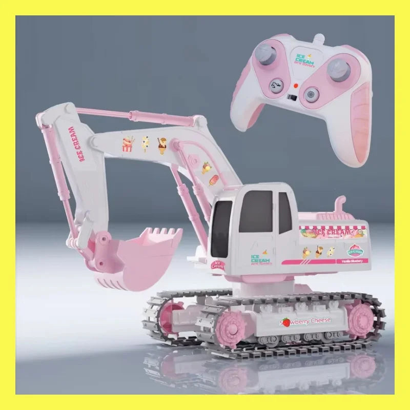 Pink-and-white tracked RC excavator with a matching pink handheld remote.