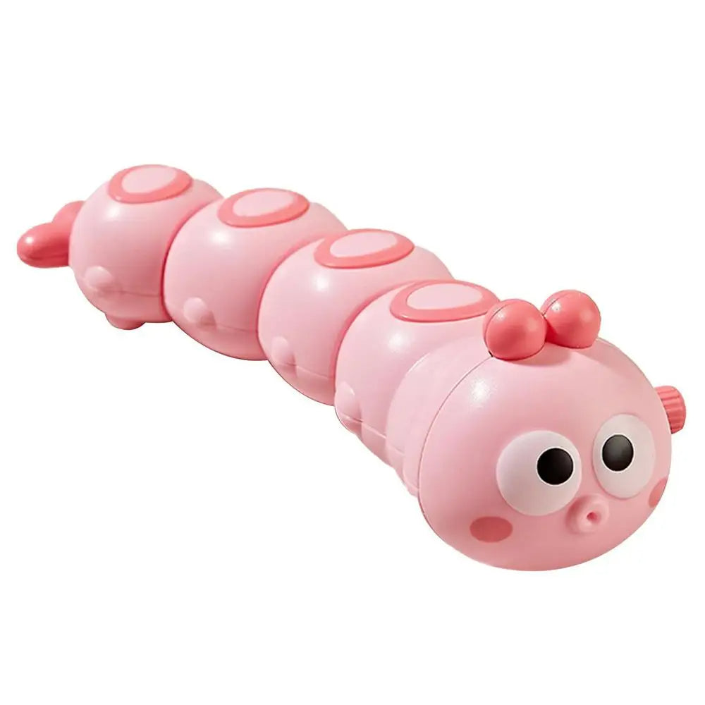 Pink wind-up caterpillar toy with darker pink accents and a side winding knob