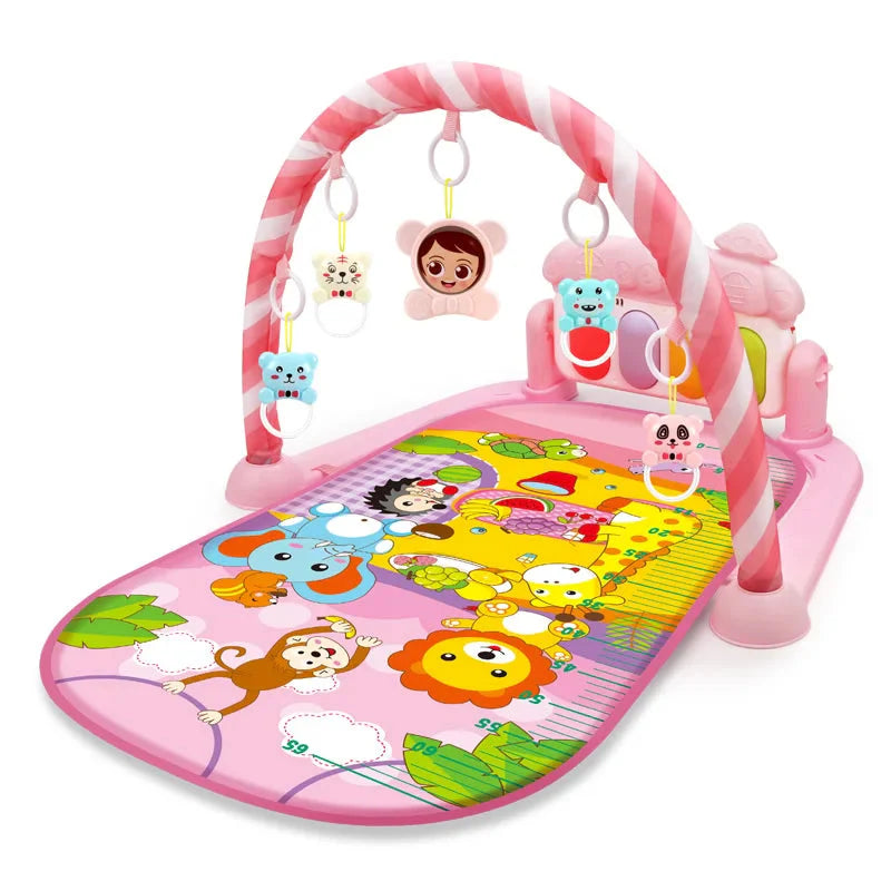 Pink baby gym with a striped arch and a mat illustrated with zoo animals