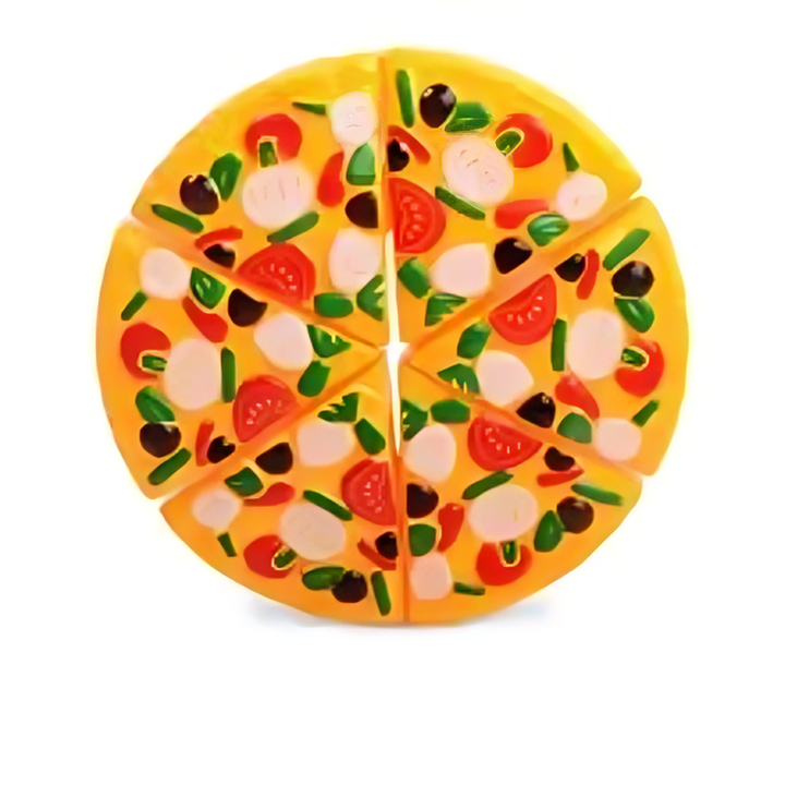 Round toy pizza divided into removable slices with colorful toppings