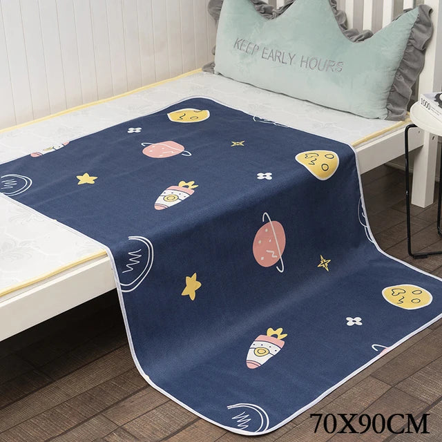 Navy changing mat with planets, rockets, and stars, labeled 70 x 90 cm.