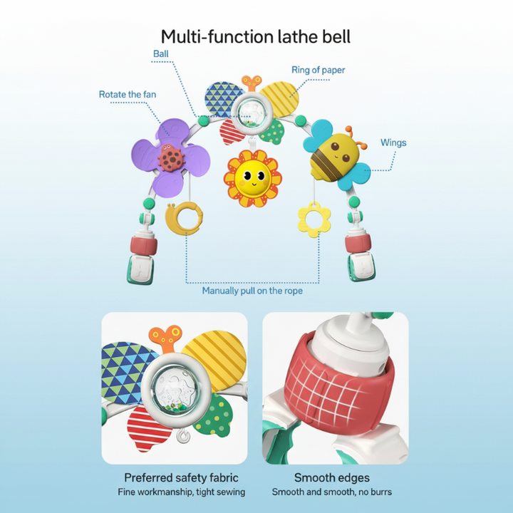 Baby play arch with close-ups of the patterned flower and rounded joint