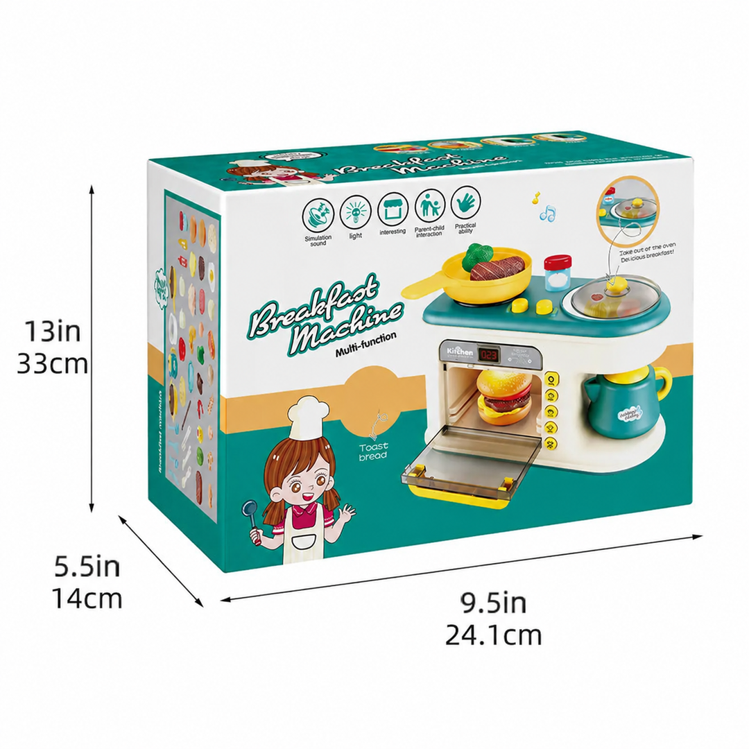 Play kitchen packaging with box dimensions of 9.5 x 5.5 x 13 inches