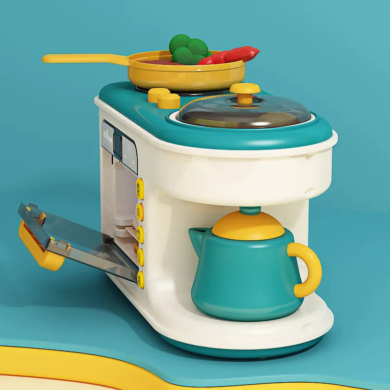 Side view of the play kitchen showing the stovetop, open oven door, and teal kettle