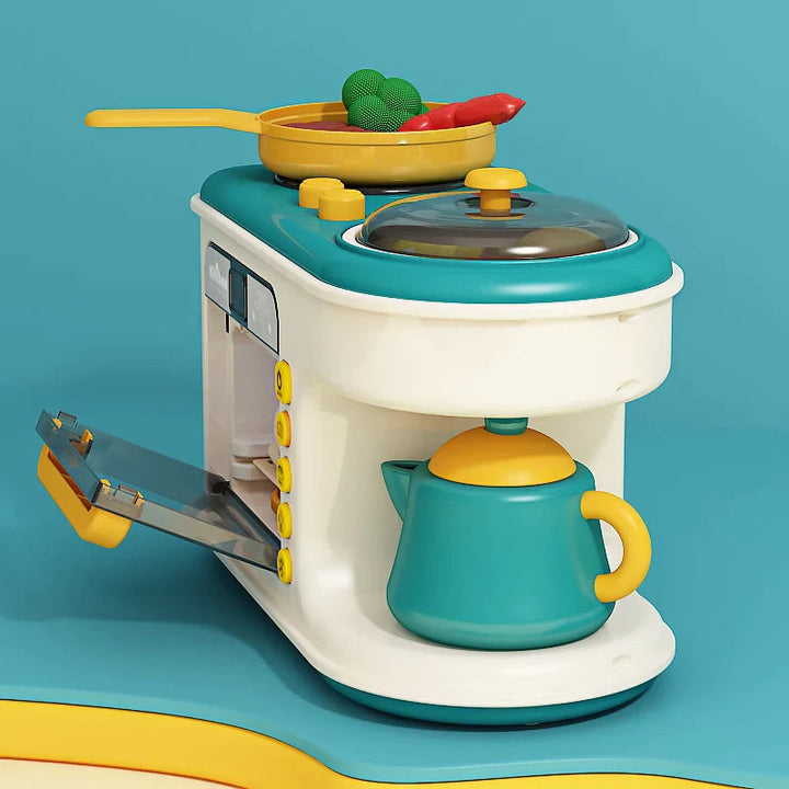 Side view of the play kitchen showing the stovetop, open oven door, and teal kettle