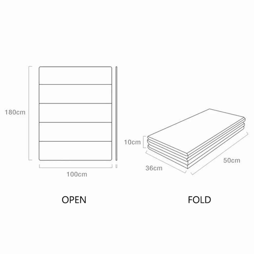 Diagram showing play mat dimensions of 180 x 100 cm open and 50 x 36 x 10 cm folded