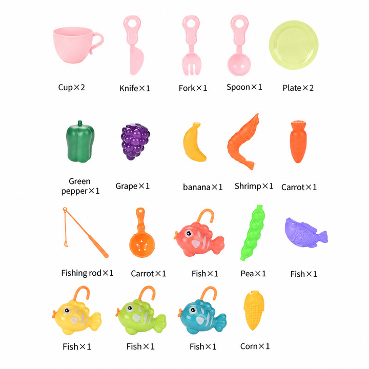 Accessory chart showing cups, plates, utensils, play food, a fishing rod, scoop and five toy fish