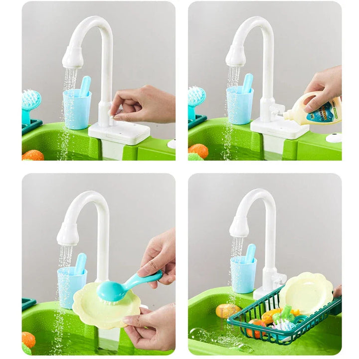 Hands washing toy dishes under the play sink faucet and placing them in the drying rack