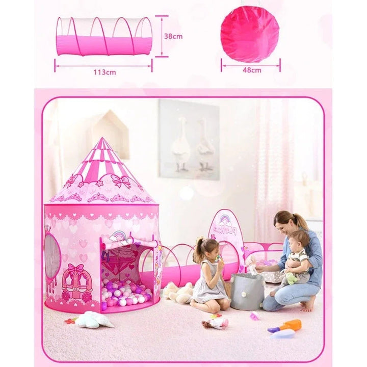 Tunnel and packed-size measurements above a pink tent play area in a room.