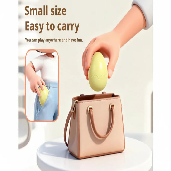 Yellow egg toy shown fitting into a handbag and a clothing pocket
