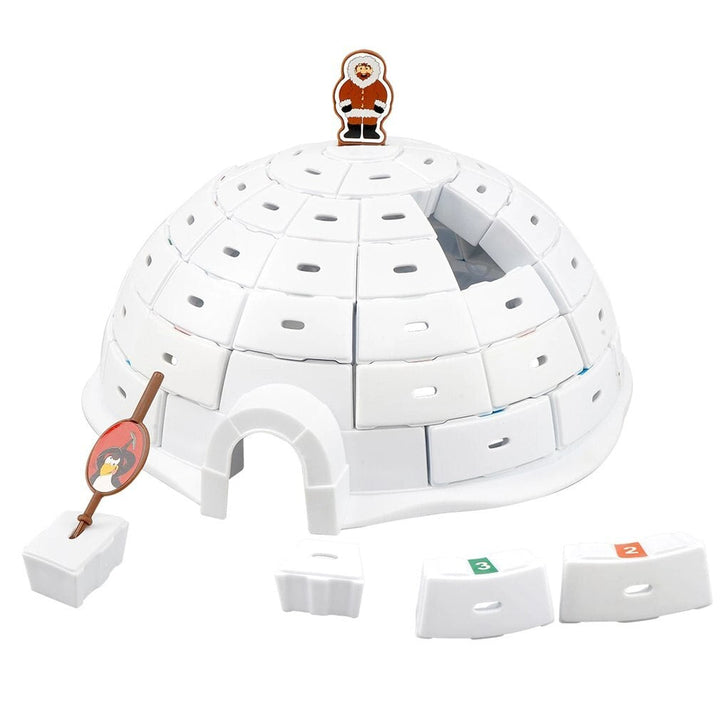 White igloo game with removable ice blocks, a character-handled pick, and a figure on top