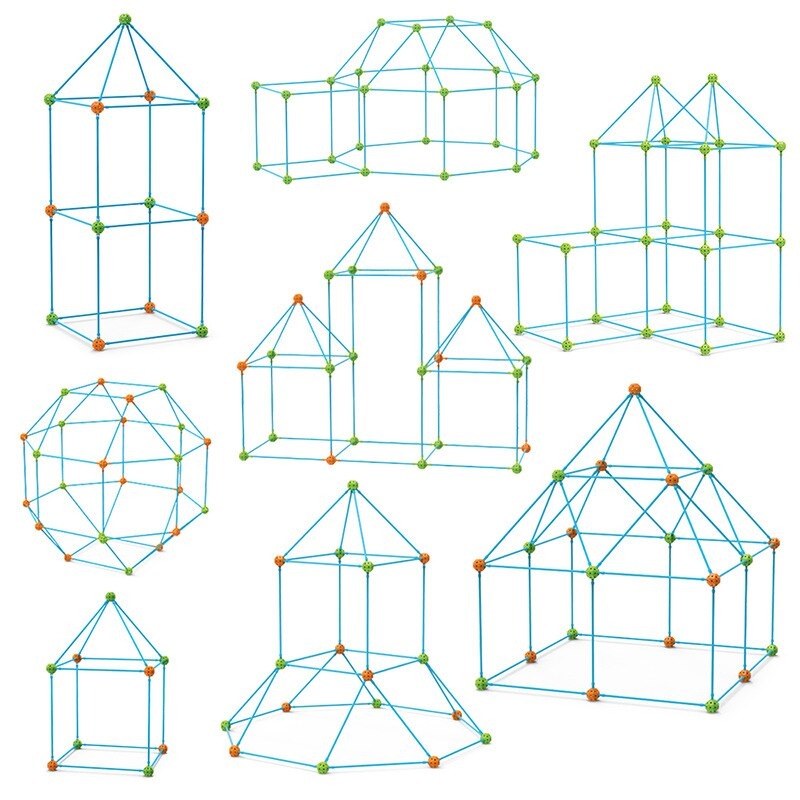 Blue pole and ball connector frames in house, tower, castle, and rounded designs
