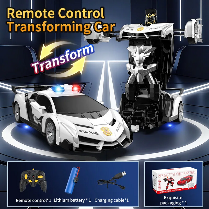 White police RC car and robot mode with a remote controller, rechargeable battery, and USB cable