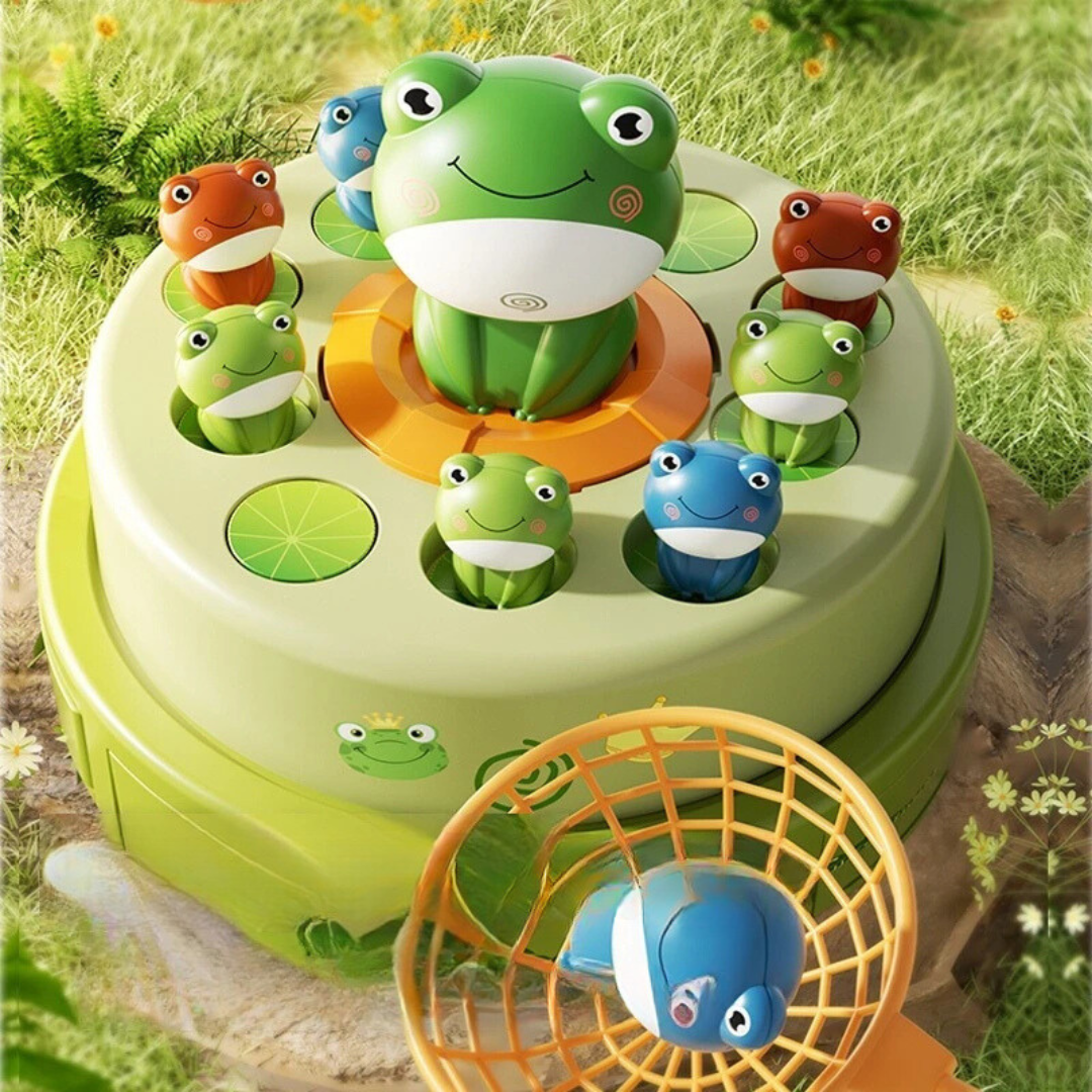 Green musical frog game with colorful frog pieces and a catching basket holding a blue frog
