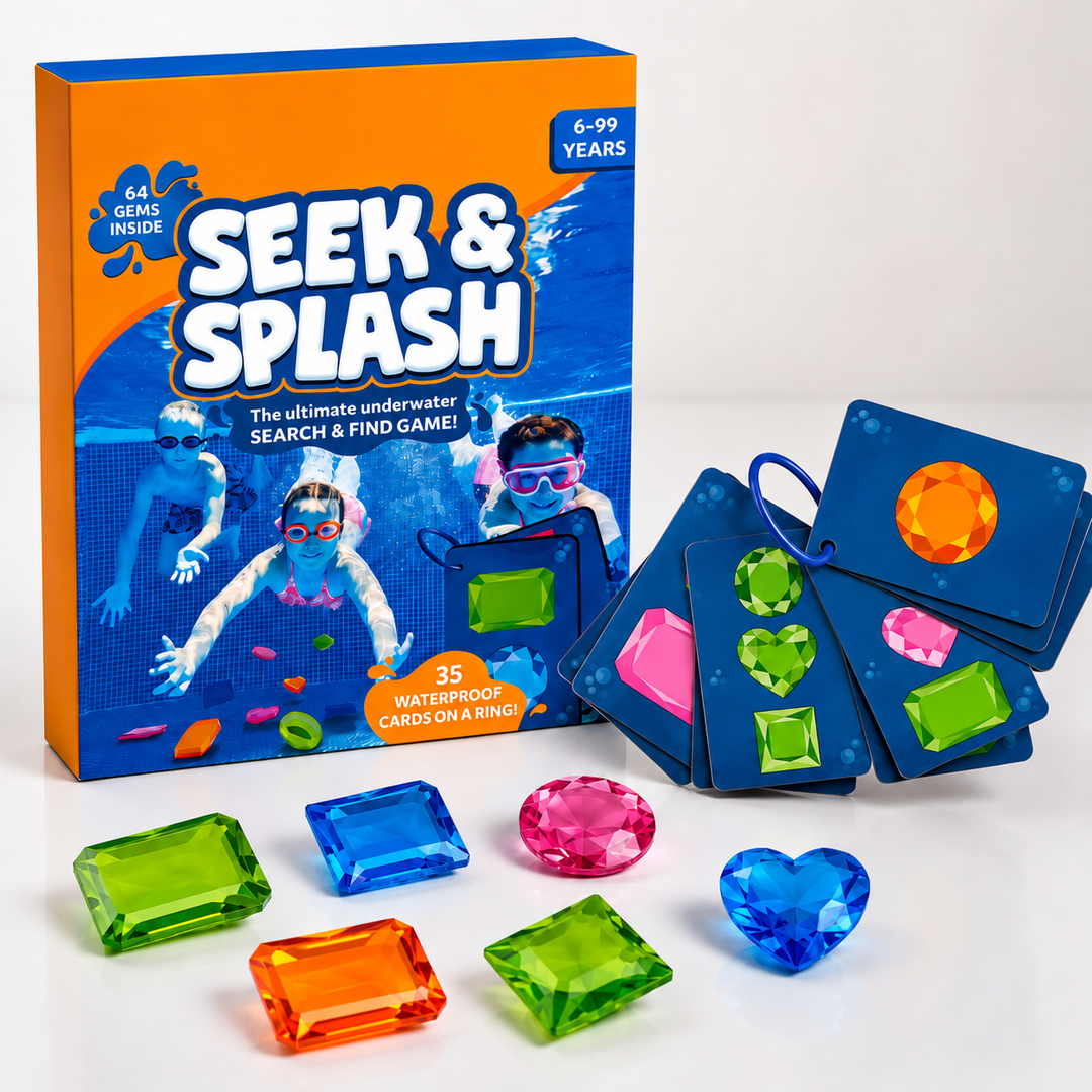 Boxed pool diving game with colorful plastic gems and blue matching cards.