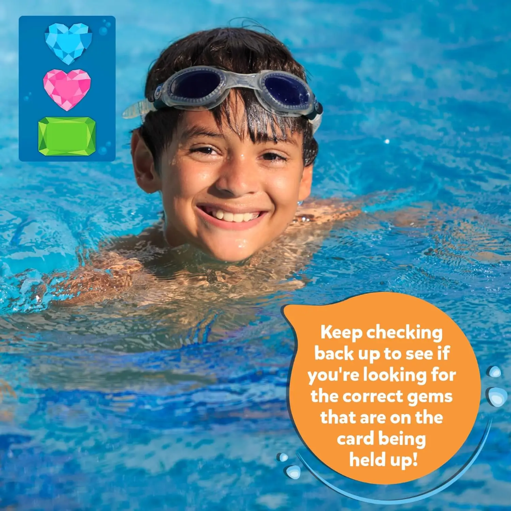 Child with goggles in a pool beside a card showing blue, pink, and green gems.