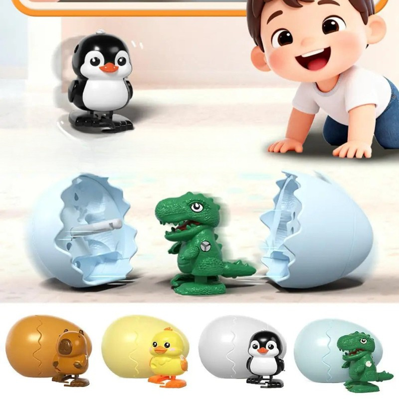 Pop-out animal egg toys in chick, T-rex, penguin, and capybara styles