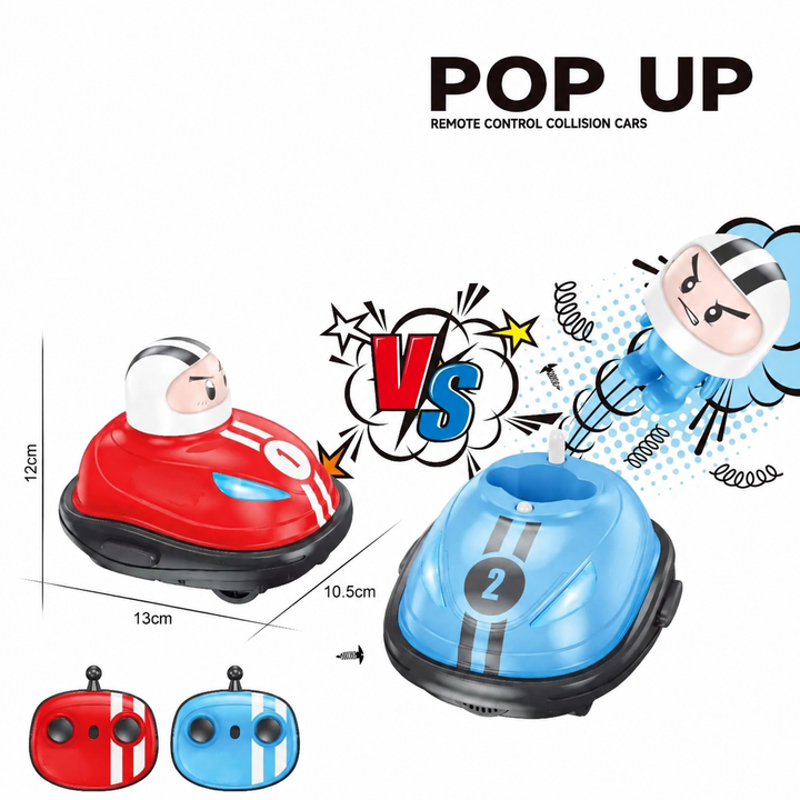 Pop-up bumper cars with two remotes and 10.5 x 13 x 12 cm measurements