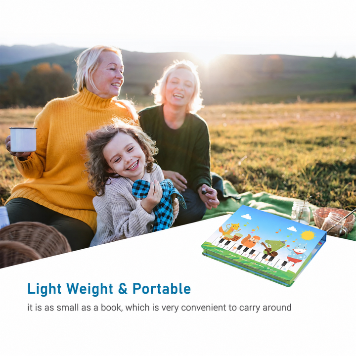 Portable piano activity book shown alongside a family outdoors