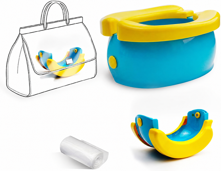 Blue and yellow portable potty shown open and folded beside a liner roll and a carry-bag illustration