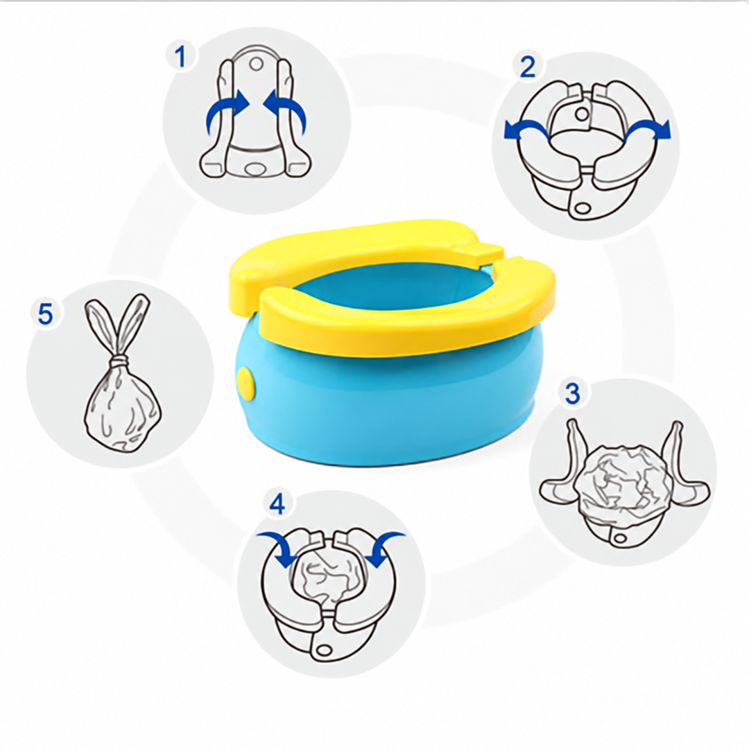 Illustrated steps for unfolding the portable potty, fitting a liner and removing it after use