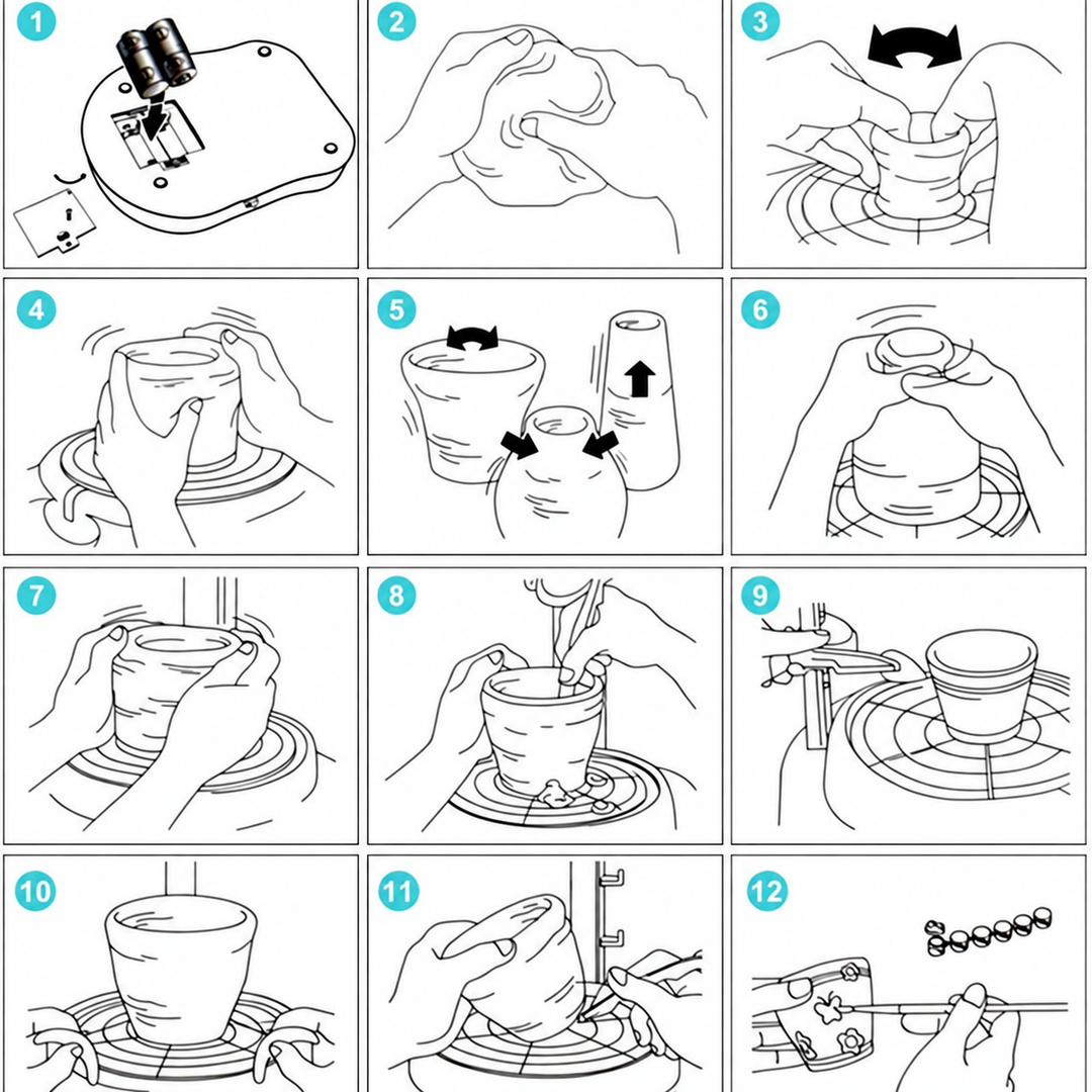 Illustrated pottery guide with numbered steps for setting up the wheel and shaping clay