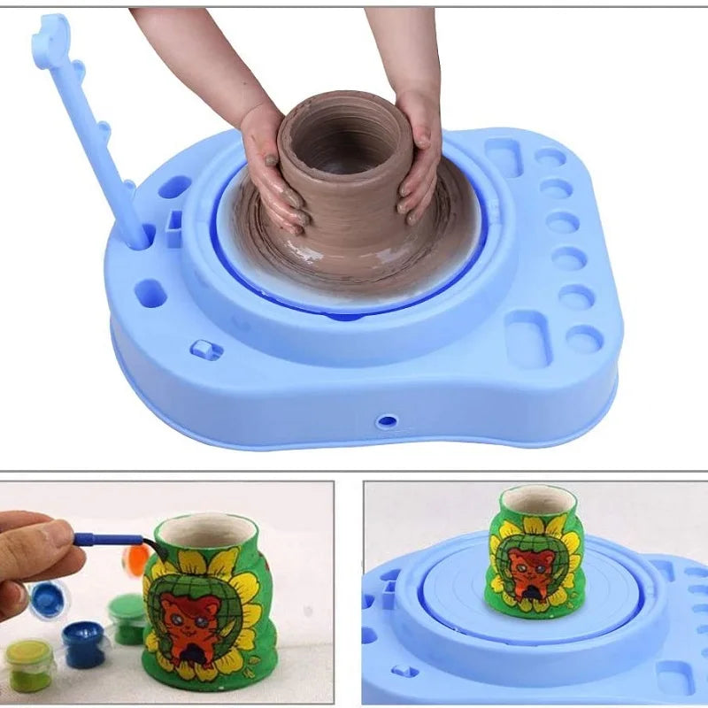 Pottery wheel collage showing clay shaping and a painted green pot